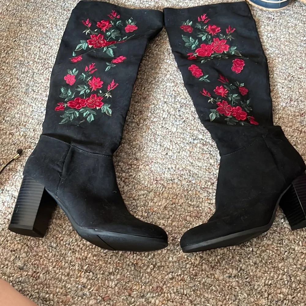 Libby Edelman Black Over the Knee Boots with Red Floral Embroidery